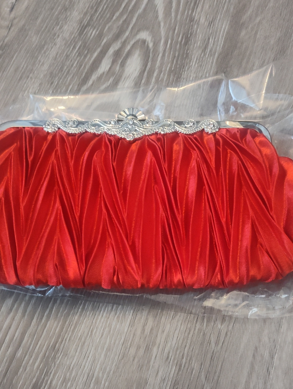 Red Satin Ruched Evening Clutch with Silver Accents